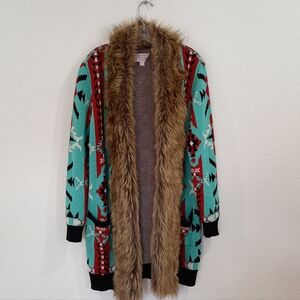 Panhandle Longer Cardigan Sweater With Faux Fur